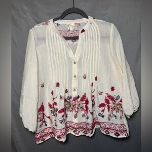 Anthropologie Fig and Flower white Blouse with Red floral embroidery 3/4 sleeves